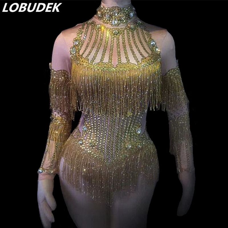 Gouden Kristallen Bodysuit Lange Mouw Stretch Rhinestones Bodysuit Sexy Party Verjaardag Stage Outfit Nachtclub Dames