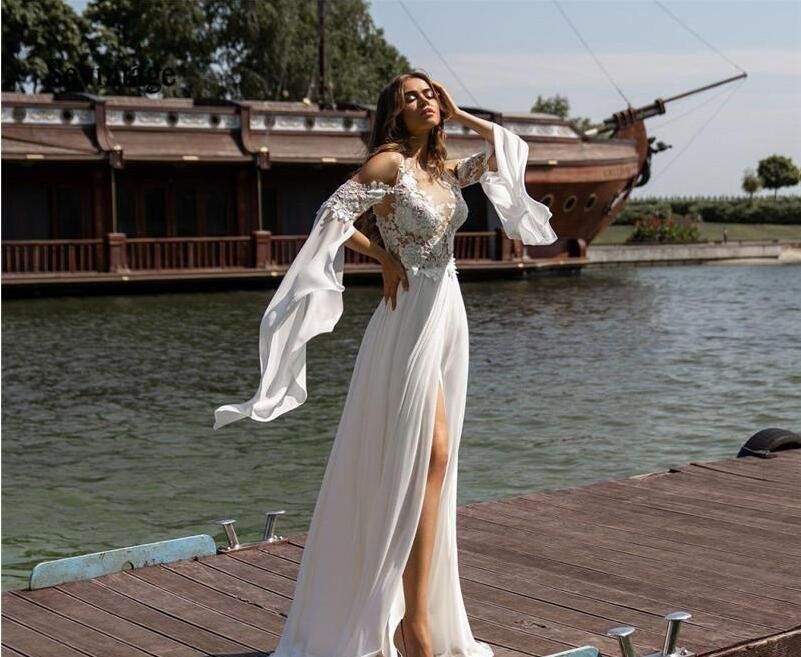 Compra Vestido Elegante Hinchada De Manga Larga De Boda De La Gasa De Boho  Apliques De Novia Vestidos Atractivos Raja Del Frente Sin Respaldo Vestidos  De Boda Barato | Entrega Rápida Y