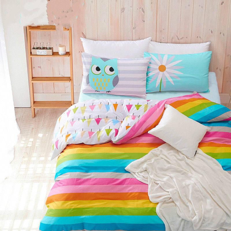 Cotton Rainbow Owl Bedding Set Cartoon, Rainbow Stripe Duvet Cover