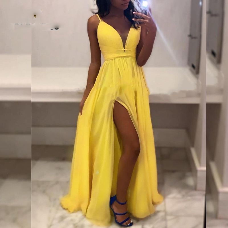 Vestidos de fiesta largos 2019 Vestido noche amarillo con cuello en V profundo Primavera Verano