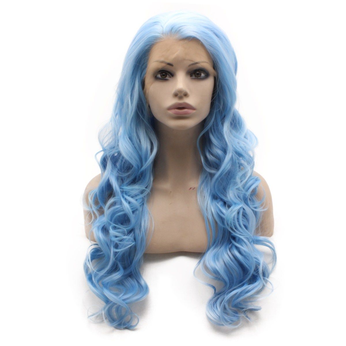 Long Wavy Synthetic Lace Front Light Blue Cosplay Party Wig Silk Top