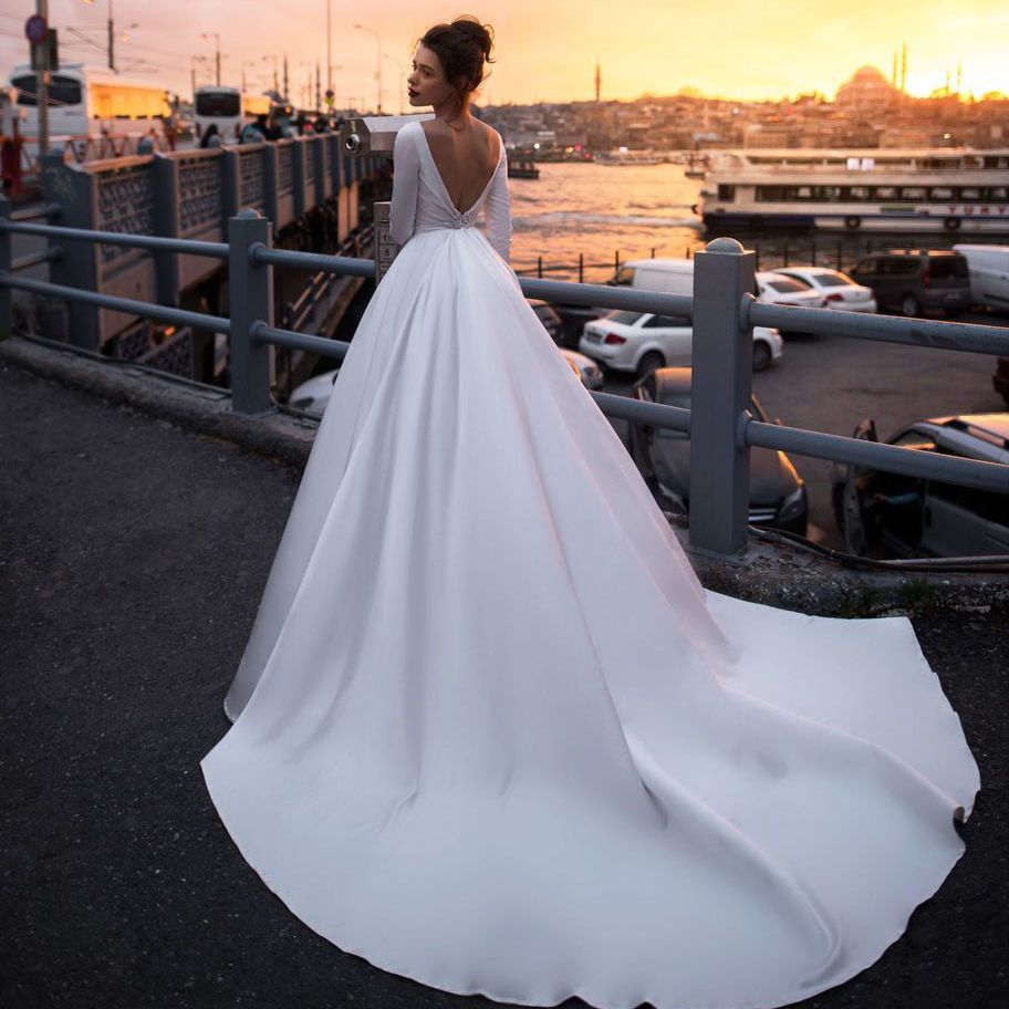 Long Sleeve Satin Ball Gown Wedding 