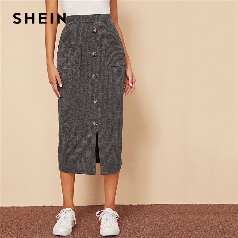 Compre De Punto Elástico Gris Shein Solo Pecho De Split Hem De Bolsillo  Parcheado Bordea A Las Mujeres De Cintura Alta De Otoño Casual De Las  Señoras De La Falda Larga Recta