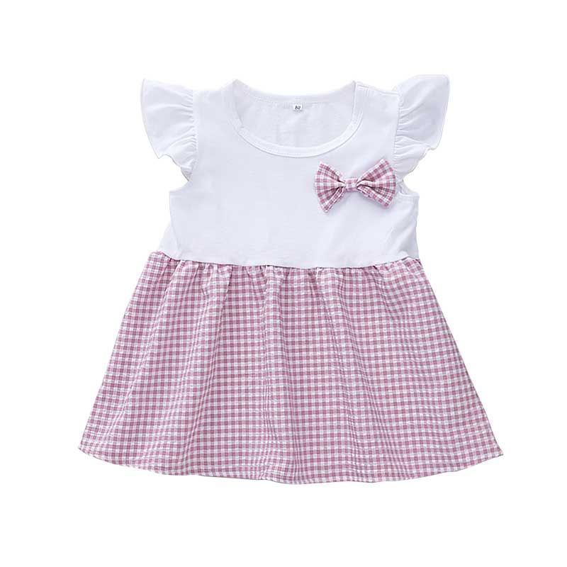 Baby Girl Cotton Round Neck Short Sleeve Stripe Lattice Dress