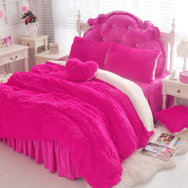 Pink Shaggy Plush Duvet Cover Set Violet Faux Fur Bedding Twin