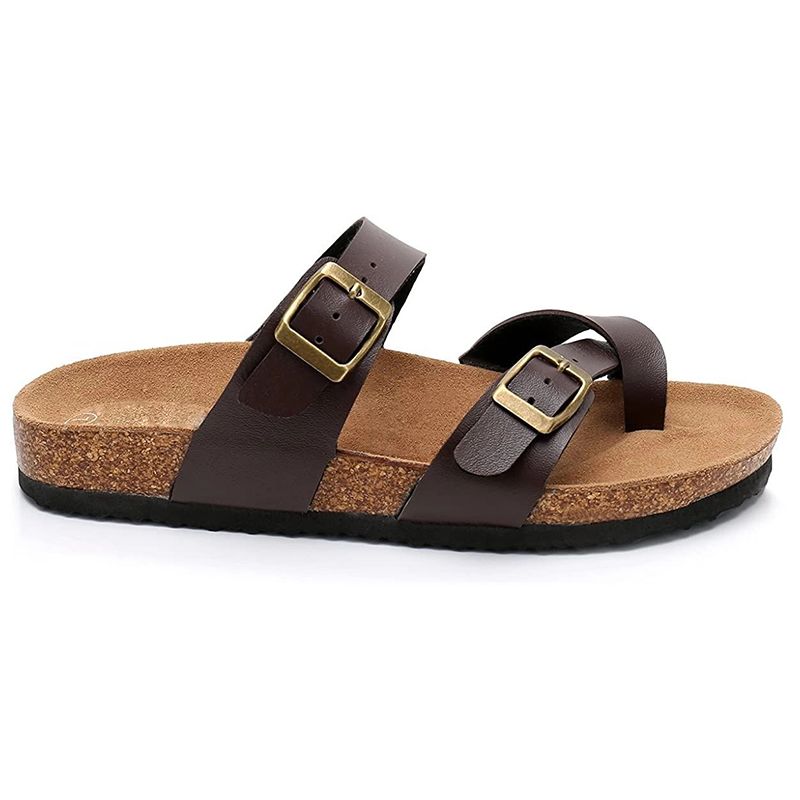 Womens Strap Flat Sandals Cork Footbed Sandals With Metal Adjustable Buckles Slides Beach PU