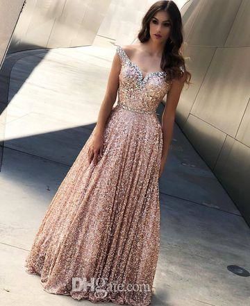 Rosa lentejuelas de oro vestidos de baile largos fuera del hombro una línea 2019 Piedras moldeadas Rosa lentejuelas de oro vestidos de baile largos fuera del hombro una línea 2019 Piedras moldeadas