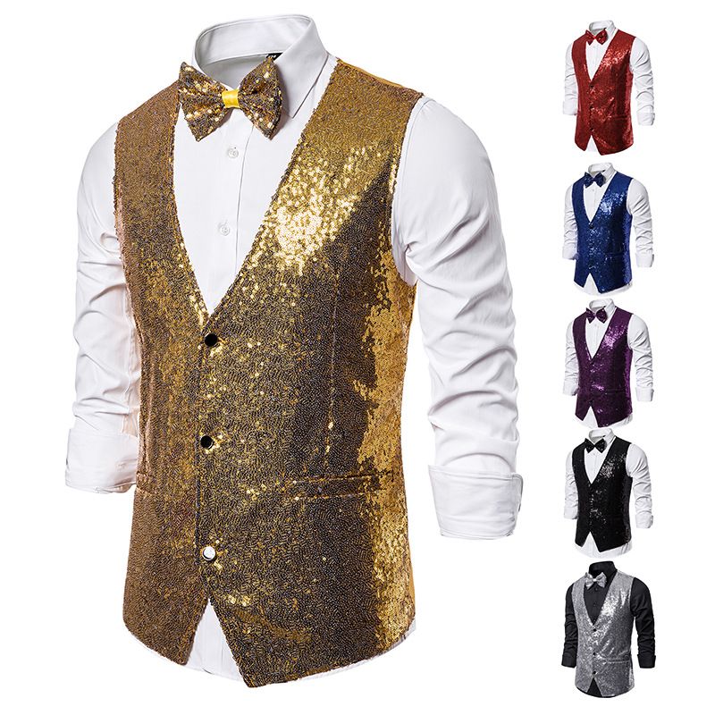 2020 Hot Men Shiny Gold Sequin Glitter Embellished Blazer Waistcoat ...