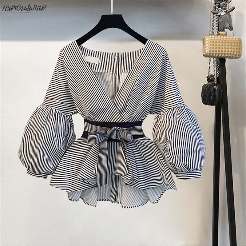 Compre Nuevo Cuello En V 2019 Fajas De Rayas Pantalones Anchos De Pierna Ancha Con Blusa Moda Puff Sleeve Blusas Flare Pants 2 Piezas Trajes De Mujer 68191 A 20,47 € Del Jinsheng005 | DHgate.Com