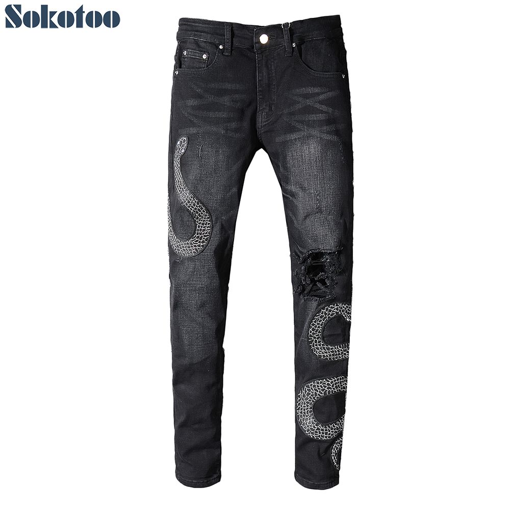 Acquistare Sokotoo Ricamo Serpente Da Uomo, Jeans Strappati Neri Grigi  Pantalone In Denim Stretch Con Patchwork Alla Moda Da Uomo Economico |  Consegna Veloce E Qualità | It.Dhgate