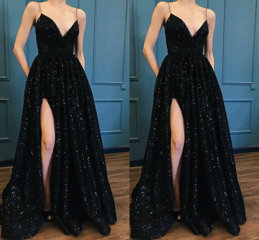 Expensive Sequined V Neck Dresses Evening Wear With Side Split Bling Prom Dress Formal Party Dress Robe De Soiree Open Back Cheap Gowns Lilac Evening