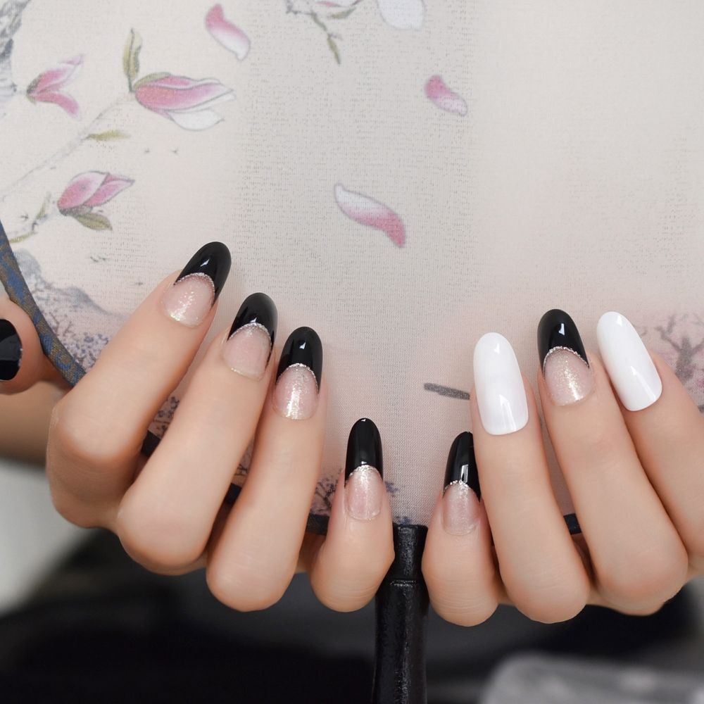 False Nails Black French Fake Clear Nail Tips With Glitter Long Oval Press On Adhesive Tabs From Boyyt 23 01 Dhgate Com