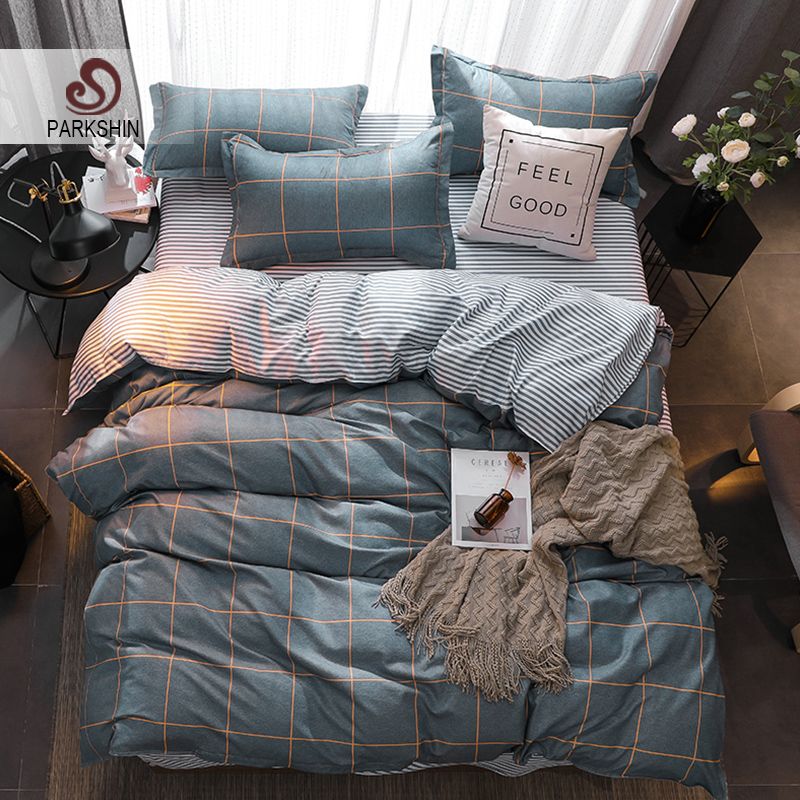 Parkshin Mans Bedding Set Stripe Dark Color Polyester Fabric Bed