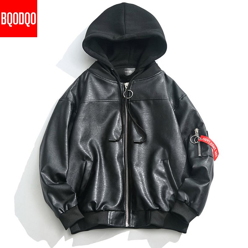 2019 Pu Mens Leather Jacket Men Xl Hip Hop Winter Black Oversize Hooded Coat Loose Autumn Motorcycle Biker Design Causal Faux Jackets From Cute08