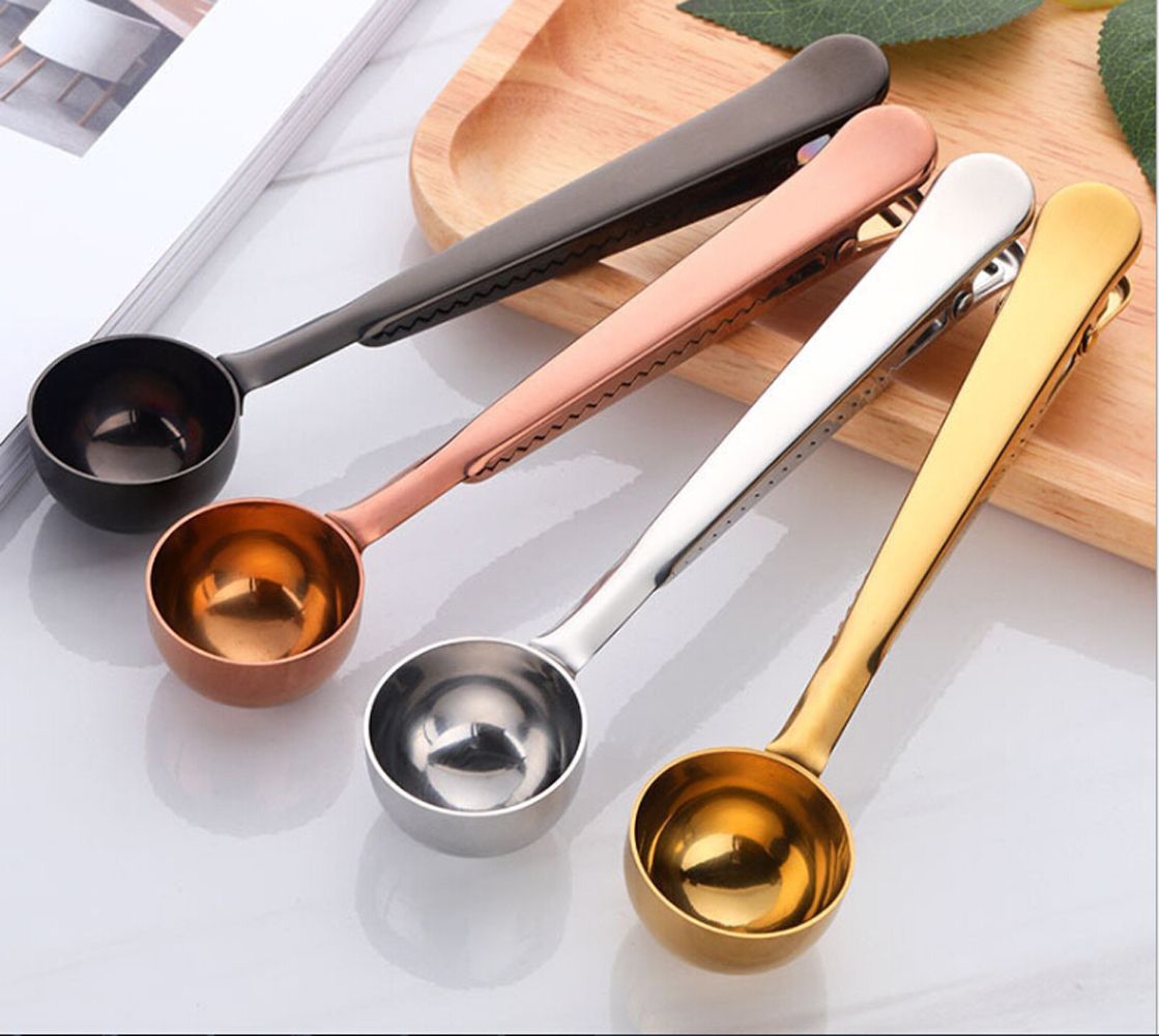 2 Pack Coffee Scoop Sealing and Clip 2 in 1 Coffee Measuring Spoon Stainless Steel Long Handled Tea Spoon with Bag Clip Rose Gold AUEAR