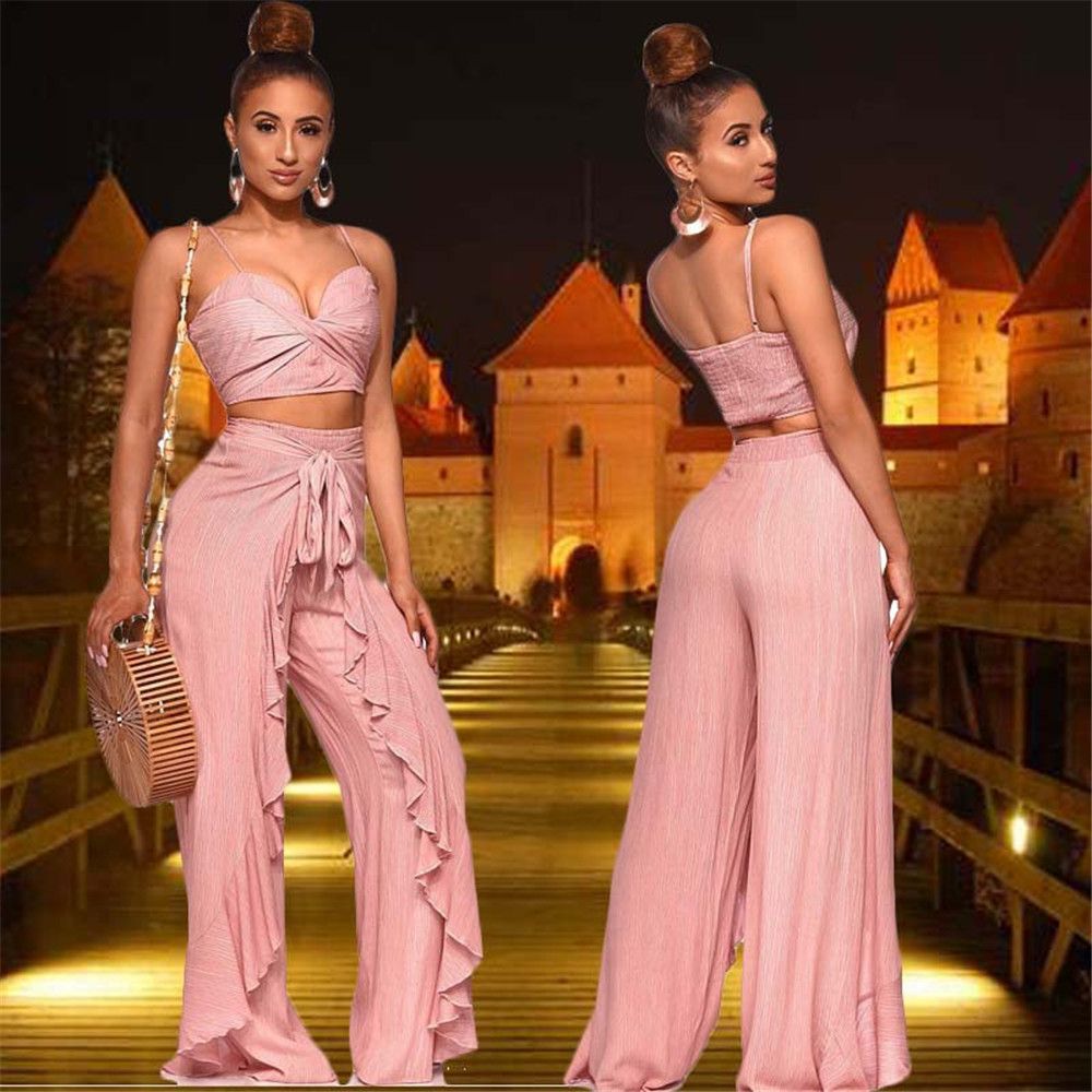 Ladies Wide Leg Pants High Waist Ruffle 