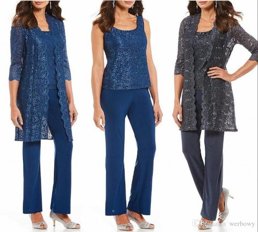 2019 Navy Blue Mother Of The Bride Dress Jacket Mother Pant Suits Party