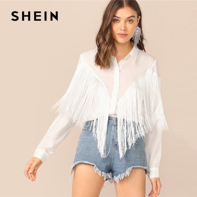 Compra Camisas Blusas Para Mujer Shein Fringe Trim Mujer Señoras Tops 2021  Camillet De Manga Larga Primavera Verano Blusa Blanca Casual Camisa Sólida  Barato | Entrega Rápida Y Calidad | Es.Dhgate