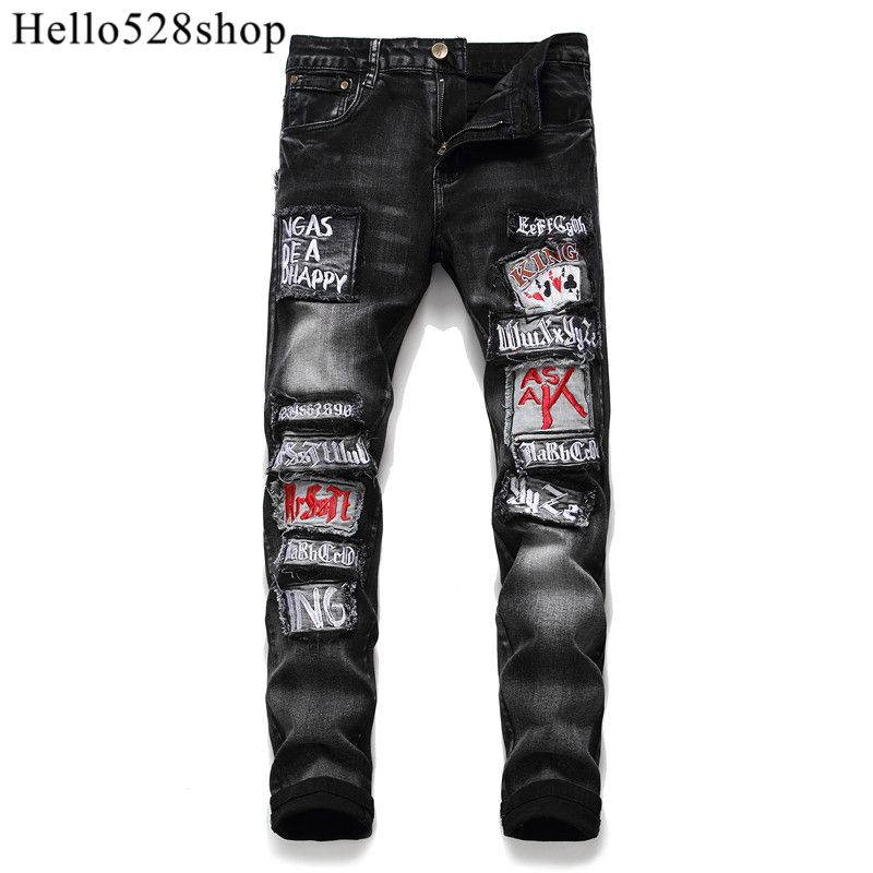Compre Hello528shop Jeans Black Hole Para Hombre Lavado Personalizado  Parche Deshilachado Parche De Calavera De Póker Pantalones Rectos Bordados  A 37,15 € Del Hello528shop | Es.Dhgate.Com