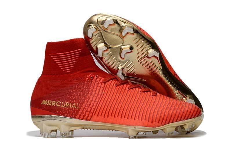 Zapatos originales Oro Rojo CR7 niños Tacos de fútbol Mercurial Superfly V FG niños del