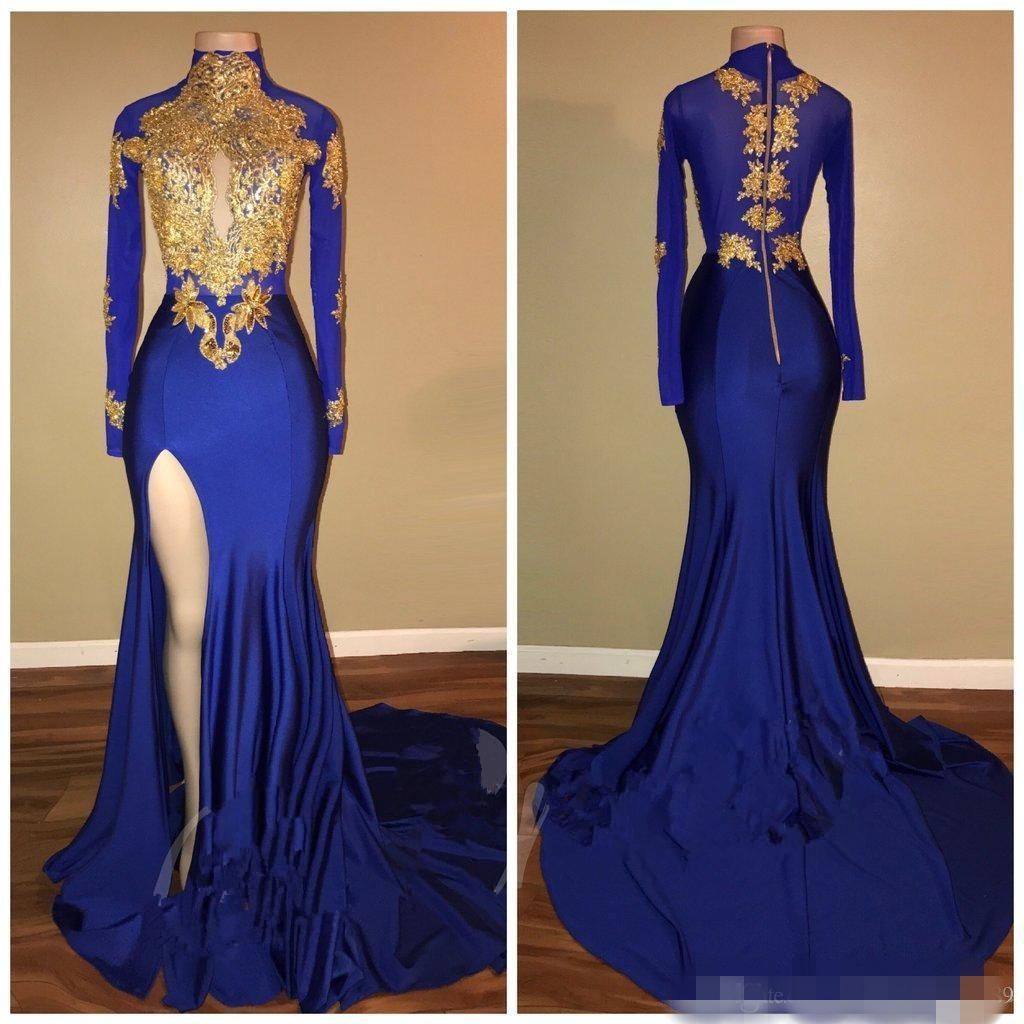 royal blue high neck prom dress