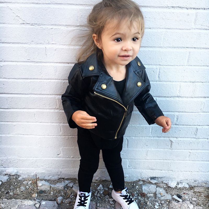 Kids Baby Girls Fashion PU Jacket Black Leather Coat Turn-Down Collar Outerwear