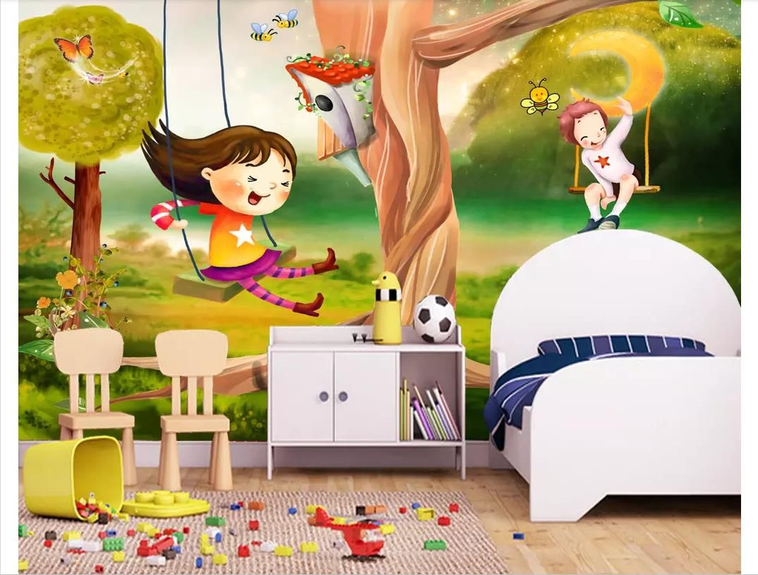 Personalizado Seda 3D papel tapiz fotográfico hermoso paisaje hermoso dibujos animados habitación de los niños sala Personalizado Seda 3D papel tapiz fotográfico hermoso paisaje hermoso dibujos animados habitación de los niños sala