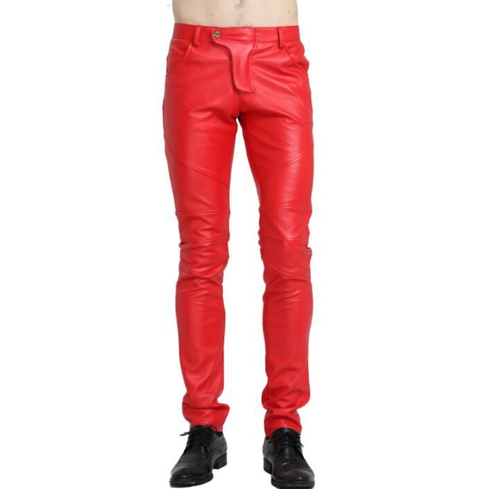 mens red faux leather pants