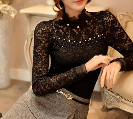 Novedades Tallas grandes Blusas Blusa encaje para Blusa con cuello de manga larga con