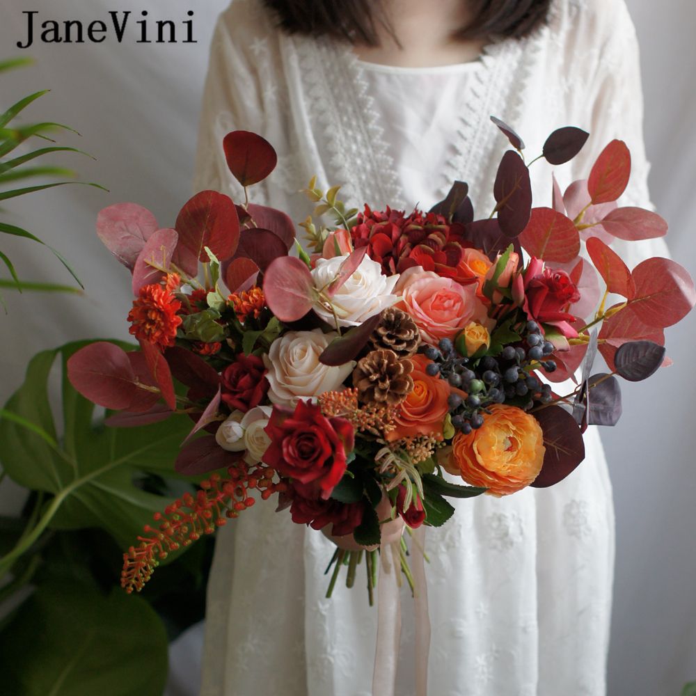 Janevini 2019 Gorgeous Red Orange Outside Wedding Flowers Big Bridal Bouquet Artificial Silk Rose Peony Bouquet De Fleur Mariage New Arrival Peony