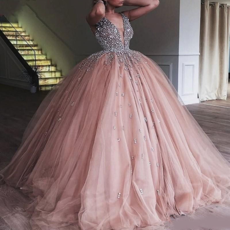 Compra Champagne Rubor Tul Vestido De Quinceanera 2020 Elegante Moldeado  Pesado Crystal Cuello En V Profundo Sweet 16 Vestidos De Noche De Baile  Vestidos Barato | Entrega Rápida Y Calidad | Es.Dhgate