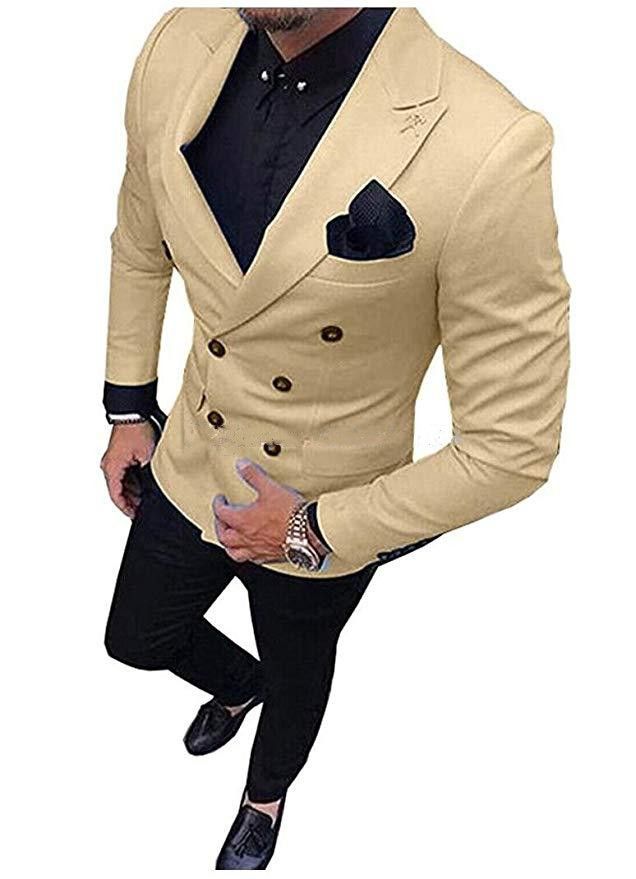 2Pic Mens Double-Breasted Suits Tuxedos Blazer Prom Wool Business Slim Groomsmen 