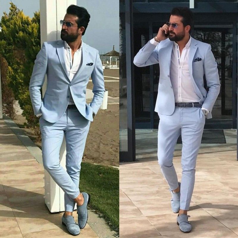 Light Sky Blue Slim Fit Mens Prom Suits Notched Lapel Groomsmen Beach Wedding Tuxedos For Men Blazers Two Pieces Formal Suit Jacket Pants Suits For