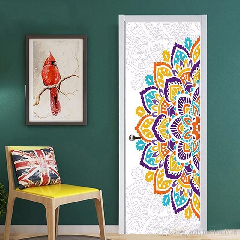 2Pcs Set Wonderful A Half Colorful Mandala Flower Oil Painting Wall Sticker  Wallpaper Door Stickers Home Decor