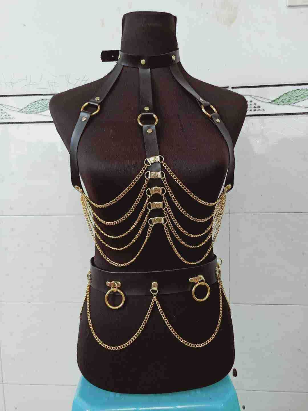 2021 Leather Harness Belt Sexy Metal Chains Bralete Top Cage Waist Bondage Belt Body Harness