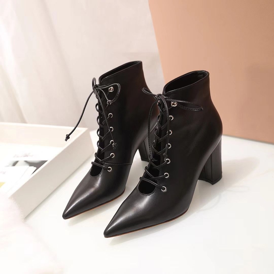 Hot Women's Shoes Pointy Toe Lace up Block Heel Patent Leather shoes New Lace Up 