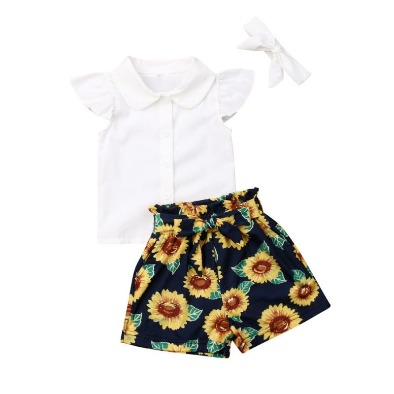 UK Kids Baby Girl Clothes Sunflower Tank Tops+Checks Skirts+Headband 3PCS Outfit