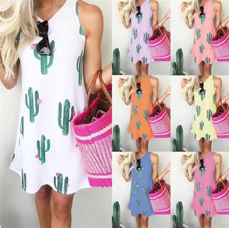 Mulher Cactus Gola Redonda Vestidos Sem Mangas Colete Vestido de Primavera E Verão Venda Quente Na Mulher Cactus Gola Redonda Vestidos Sem Mangas Colete Vestido de Primavera E Verão Venda Quente Na