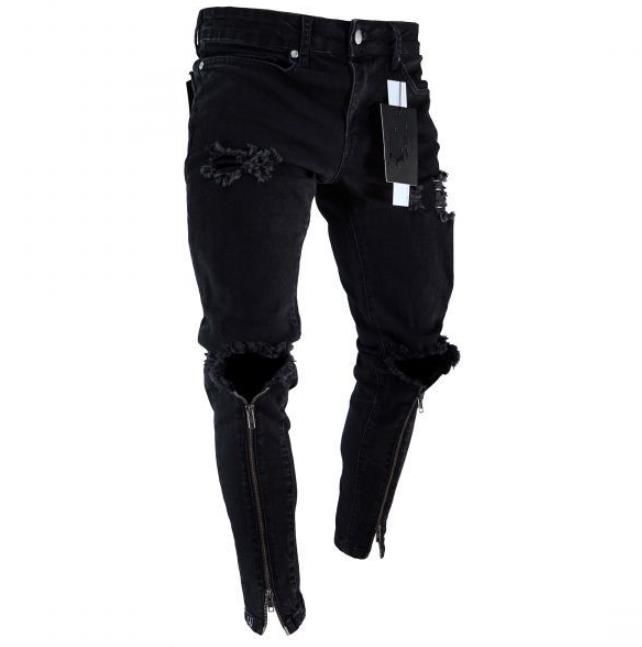 Mens Zipper Holes Designer Jeans Black 