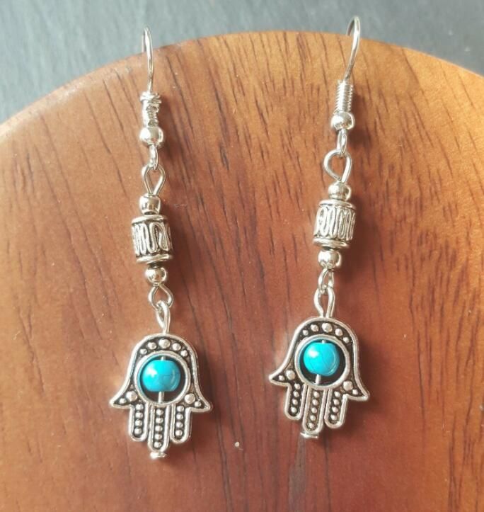 Tibetan Silver Hamsa Hand,Red Diamante,925 Sterling Silver Hook Earrings