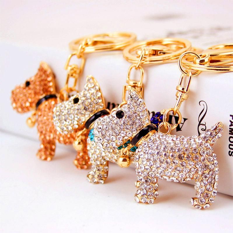 2020 Rhinestone Dog Keychains Crystal Animal Pendant Key Chains Gold Tone Metal Alloy Lobster