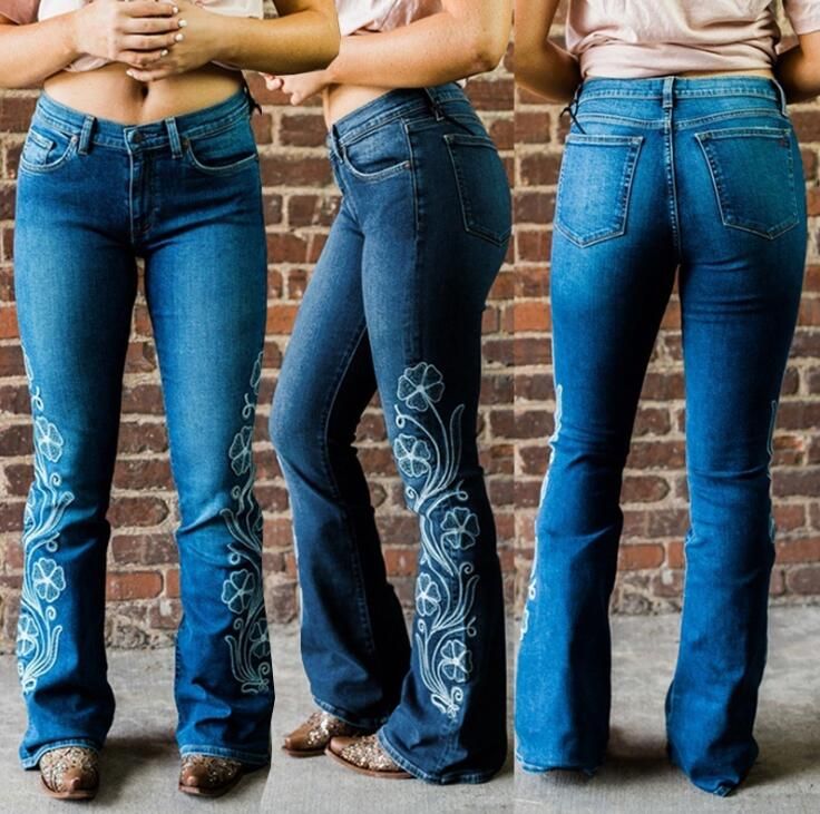 Compra Bordado Corte Para Botas Mom Jeans De Mujeres Floral Pierna Ancha  Pantalones De Mezclilla Mujer Larga Acampanada Flaco Pantalones De Jean De  La Vendimia Más El Tamaño 3XL Barato | Entrega