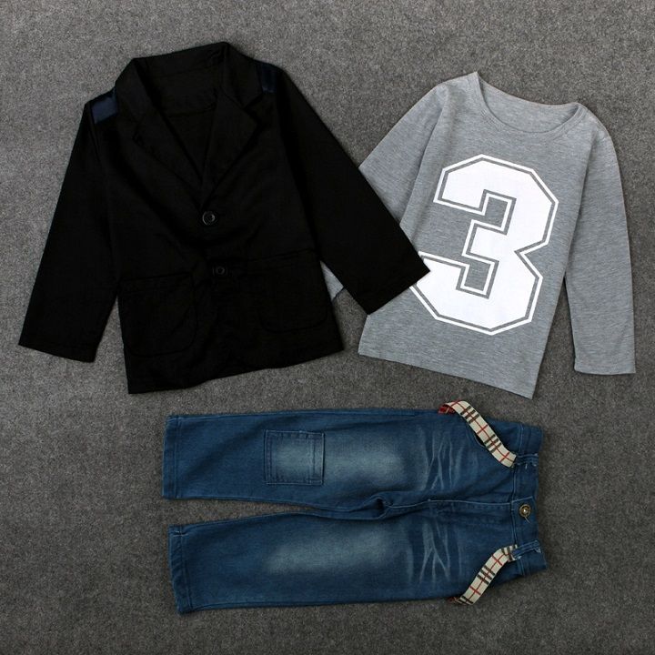 3PCS Baby Boys Gentleman Outfit suit Coat+T Shirt+Denim pants Kids Clothes Set