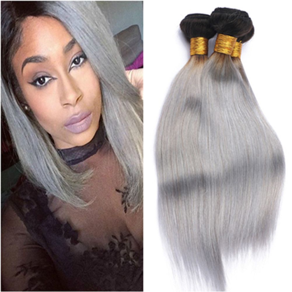 Dark Root 1b Grey Ombre Brazilian Virgin Human Hair Weaves Extensions Silky Straight Silver Grey Ombre Human Hair Bundles Deals Extension Weft