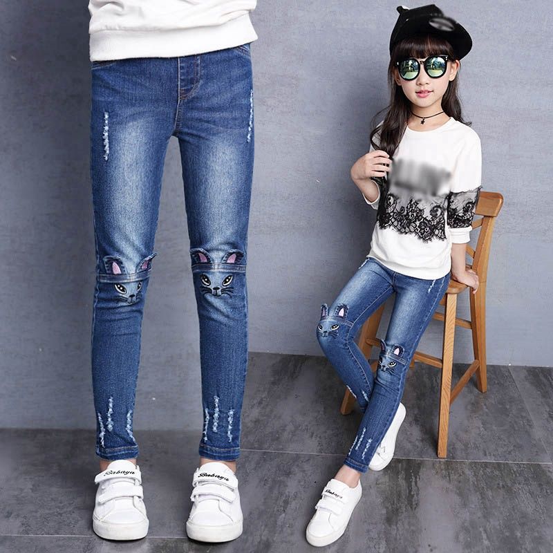 Children Skinny Ripped Jeans Boys Girls Holes Design Kids Elastic Waist Pants