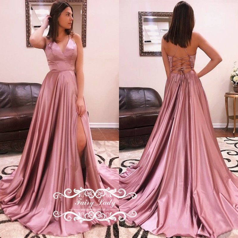 light pink satin prom dress