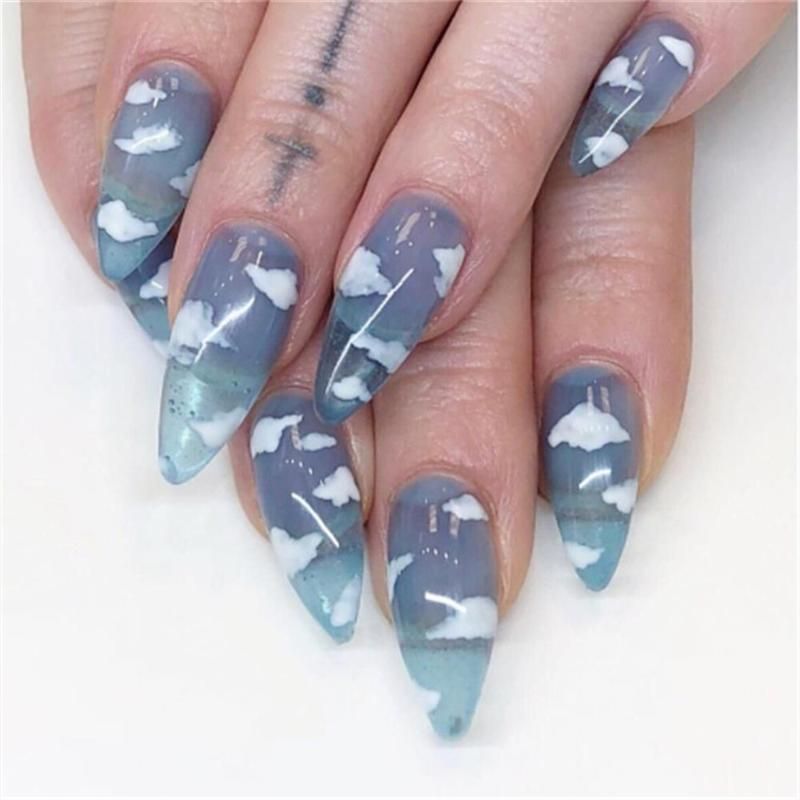 Stiletto Shape Fake Nails Sky Blue Love Beach Love Summer Glitter Pointed Ladies Press On Designed Nail Tips Cloud Gel Nail Extensions Glue On Nails From Silien 22 42 Dhgate Com