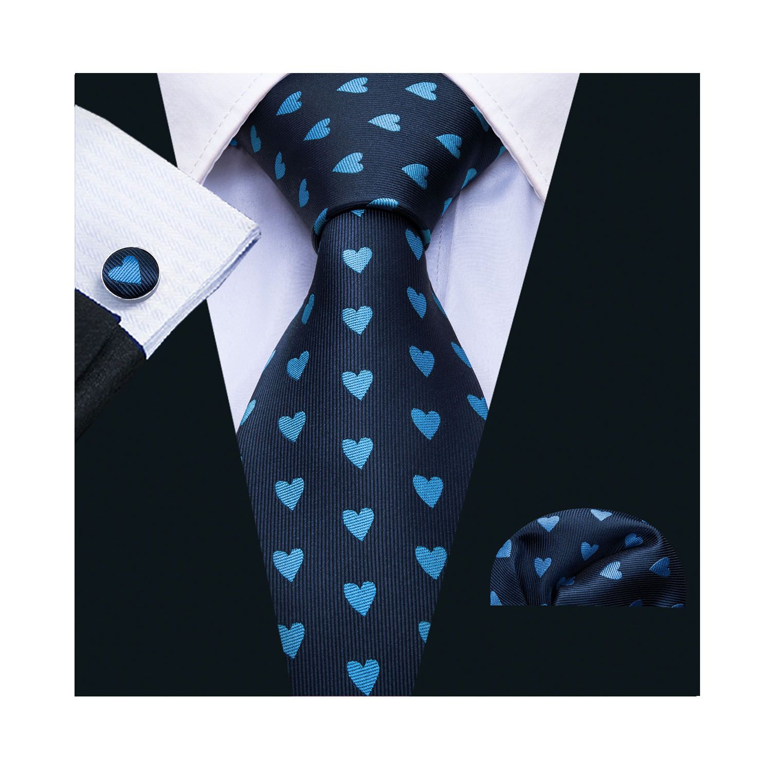 Silk Mens Ties Black Polka Dot Necktie Pocket Square Cufflinks Set Party Tie