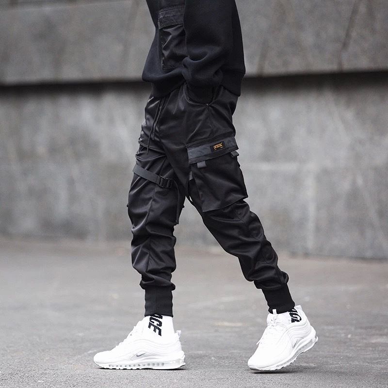 #M18 Gray Blue Pantalones Cargo de harén con bolsillos laterales para hombre,pantalón negro de Hip-Hop,informal,a la moda,ropa de calle cintas #M18 Gray Blue Pantalones Cargo de harén con bolsillos laterales para hombre,pantalón negro de Hip-Hop,informal,a la moda,ropa de calle cintas