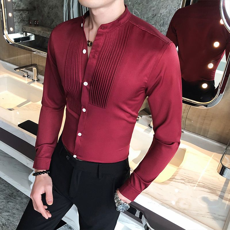 2021 Tuxedo Shirt Men Pleated Front Mandarin Collar Dress Shirts Solid ...